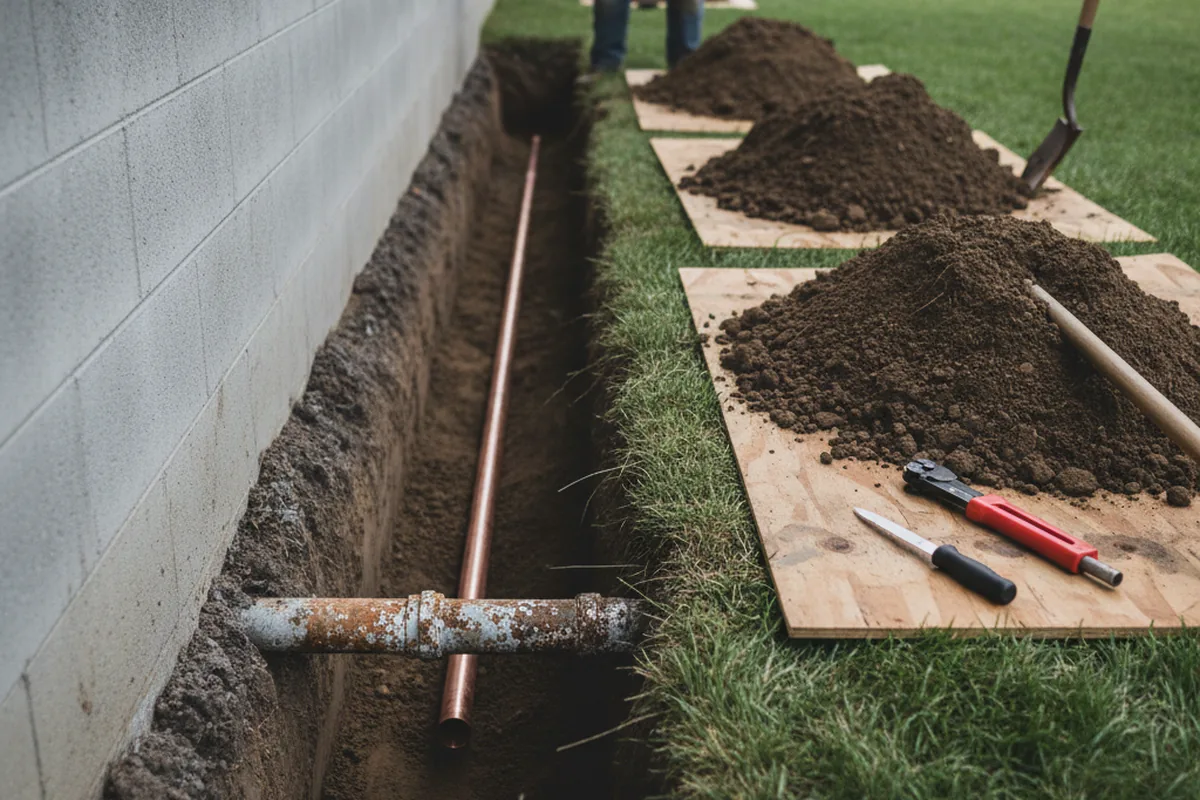 Excavated water line trench during Water Softener Installation in North Carrollton